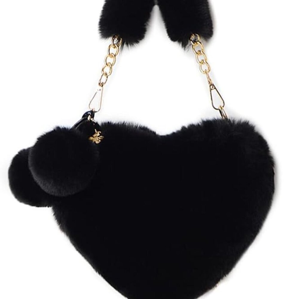 Furry Purse for Girls Heart Shaped Fluffy Faux Fur Handbag for Women Soft Small